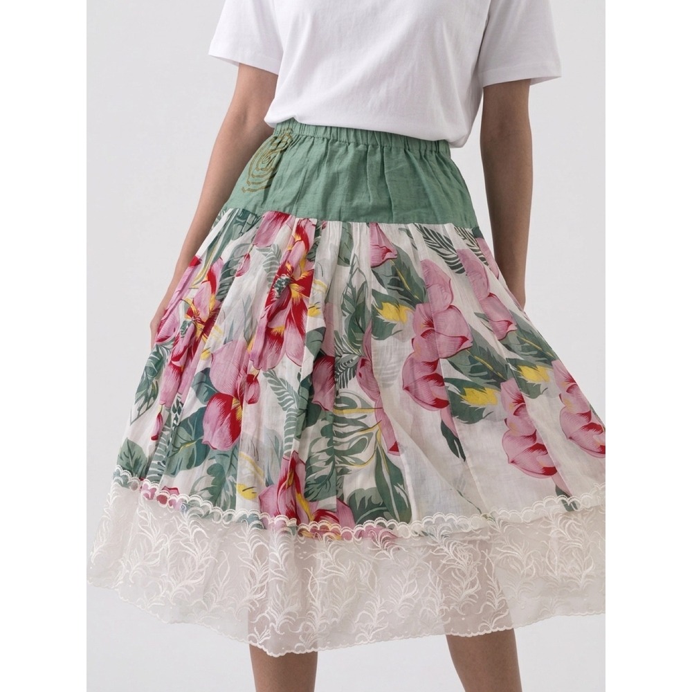 Women's Oogenesis Originals Hawaii Tropical Print Lace Hem Midi BOHO Skirt M EUC